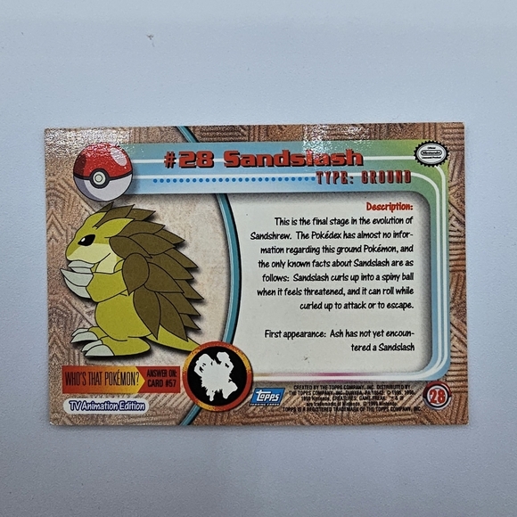 Pokemon 1999 TOPPS Sandslash #28 Blue Logo TV Animation Edition Card - Picture 4 of 4